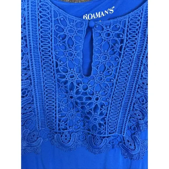 Roaman's Womens Tunic Blouse Size 5X Blue Crotchet Asymmetric Hem Bohemian - Picture 4 of 9
